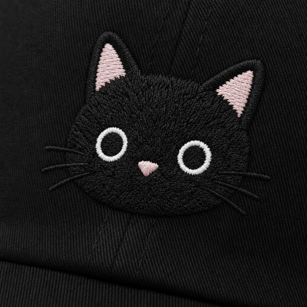 Gros plan sur le chat brode de la casquette
