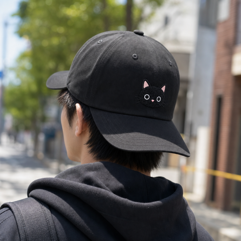 Casquette chat noir portee en exterieur
