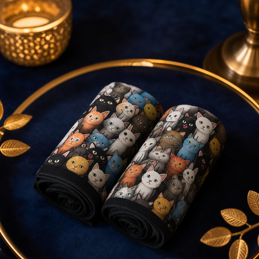 Chaussettes chat noir roulees sur fond bleu nuit
