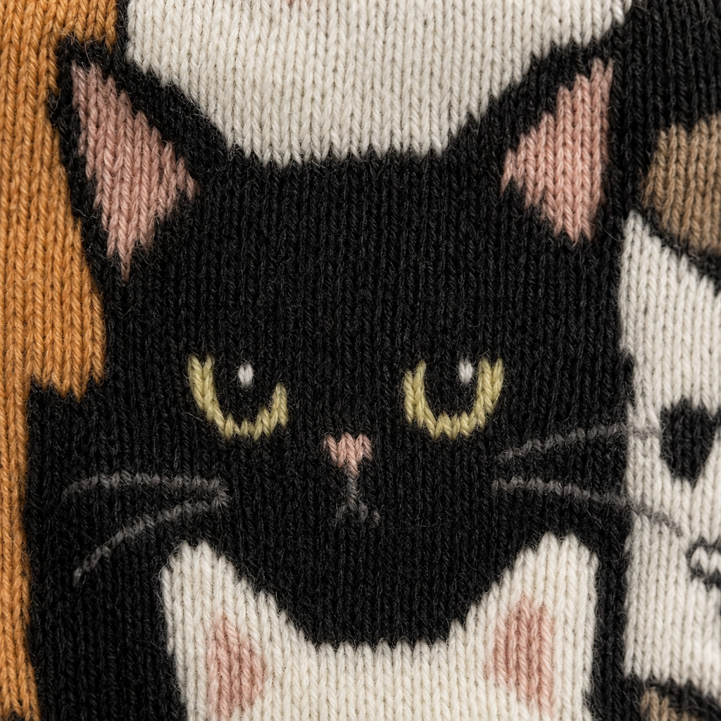 Gros plan sur le motif chat des chaussettes