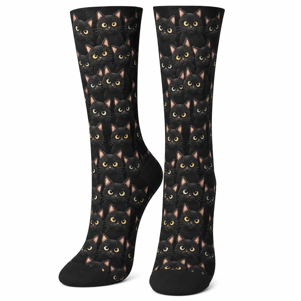 Chaussettes chat noir motif felin, fond blanc