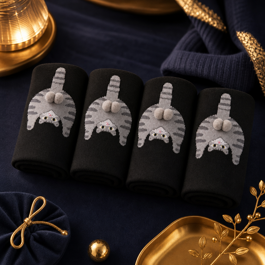 Chaussettes chat noir a pompon roulees sur fond bleu nuit