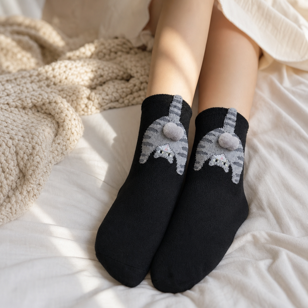 Chaussettes chat noir a pompon portees