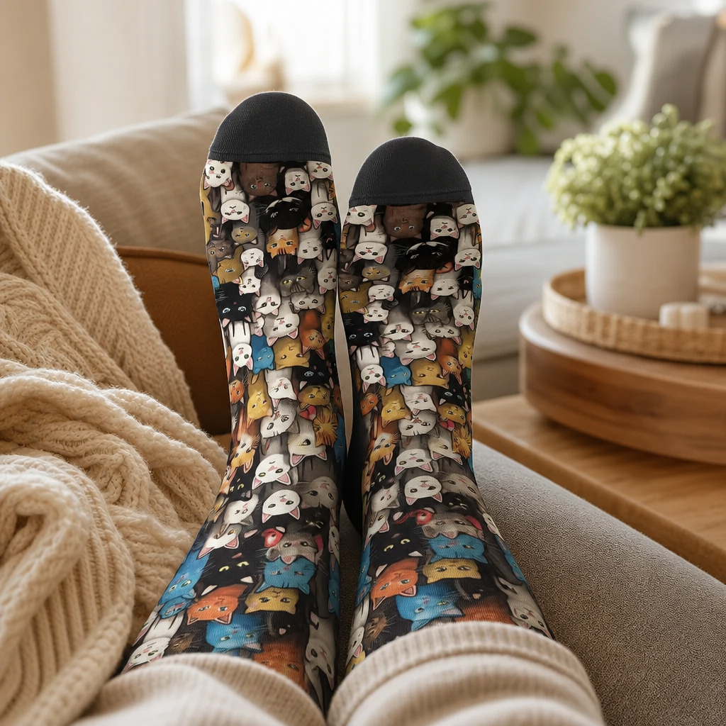 Chaussettes chat noir portees sur un canape