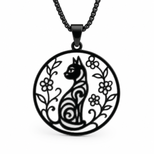 Collier chat noir medaillon fleuri, fond blanc
