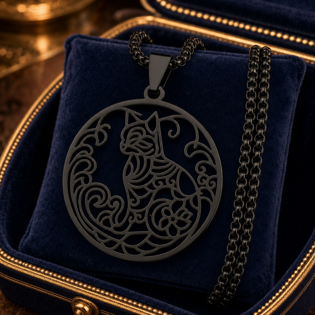 Collier chat noir fleuri sur ecrin bleu nuit