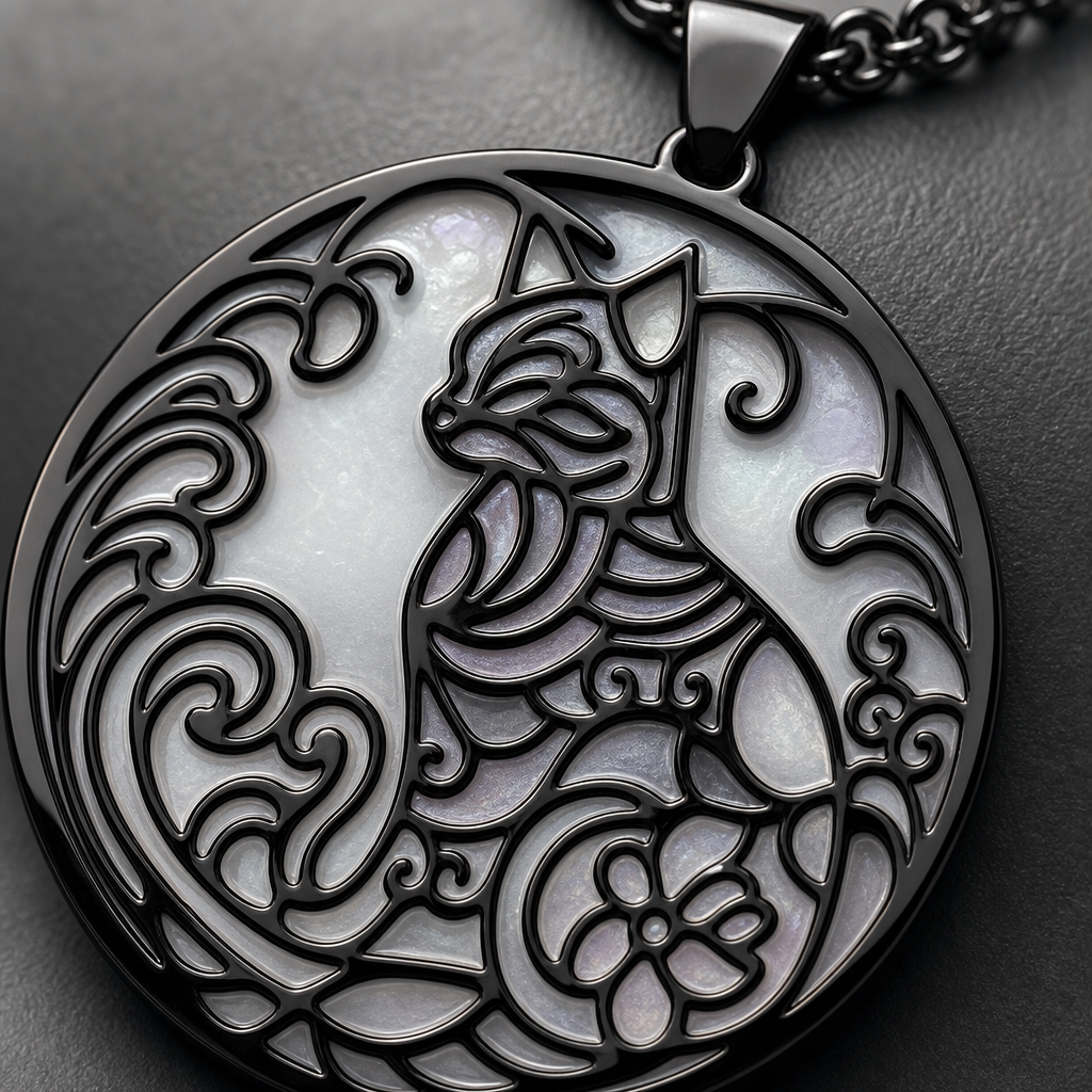 Gros plan sur le medaillon fleuri du collier chat noir