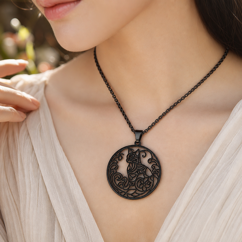 Collier chat noir fleuri porte