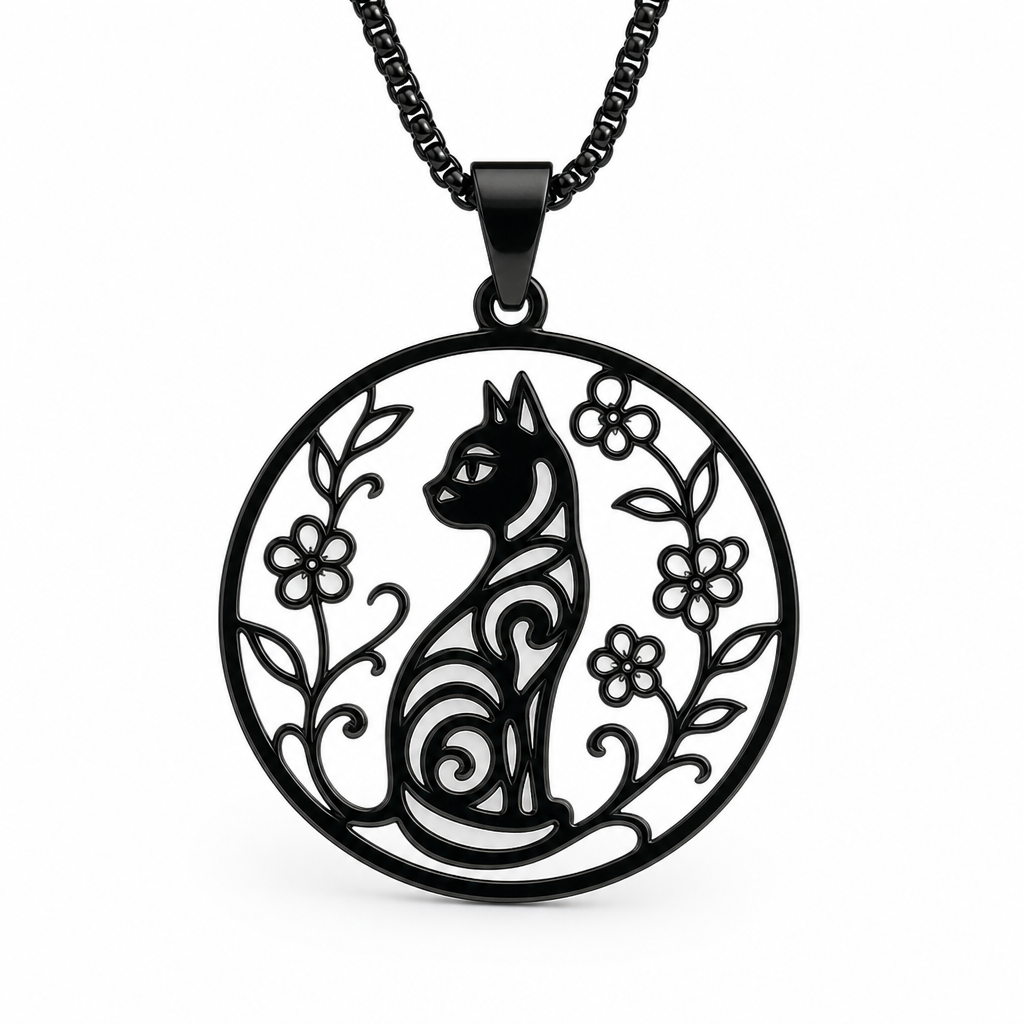 Collier chat noir medaillon fleuri, fond blanc