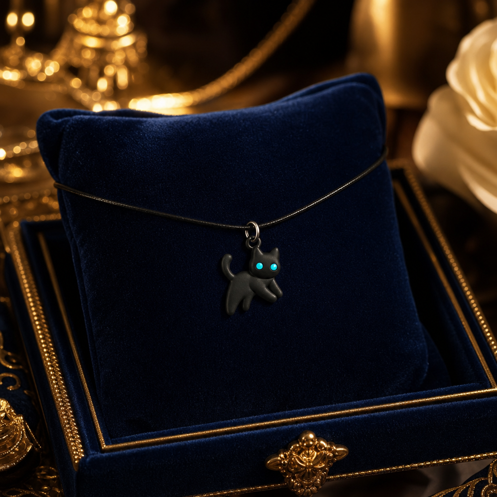 Collier chat noir pendentif sur ecrin bleu nuit