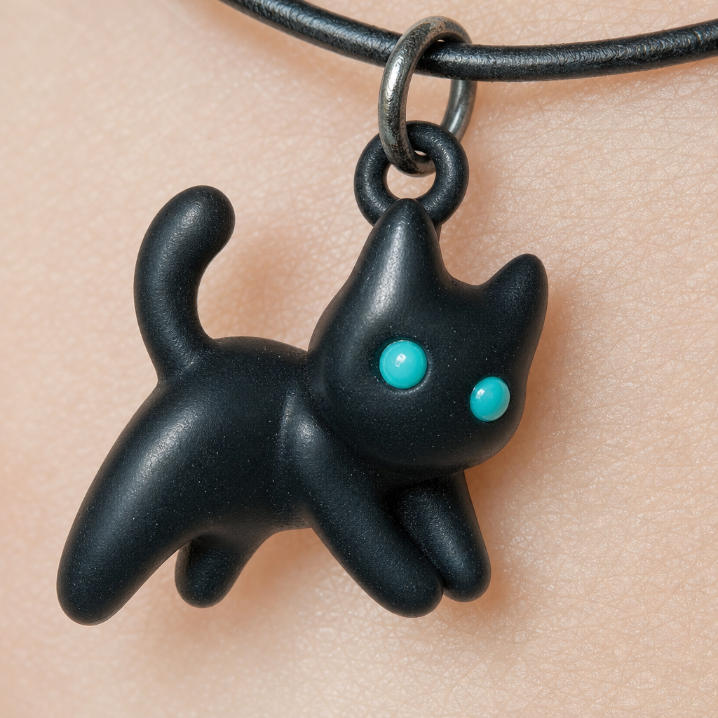 Gros plan sur le pendentif chat noir