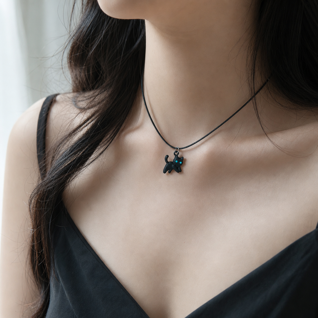 Collier chat noir pendentif porte
