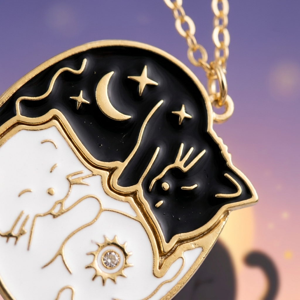 Gros plan macro sur le pendentif chat noir celeste