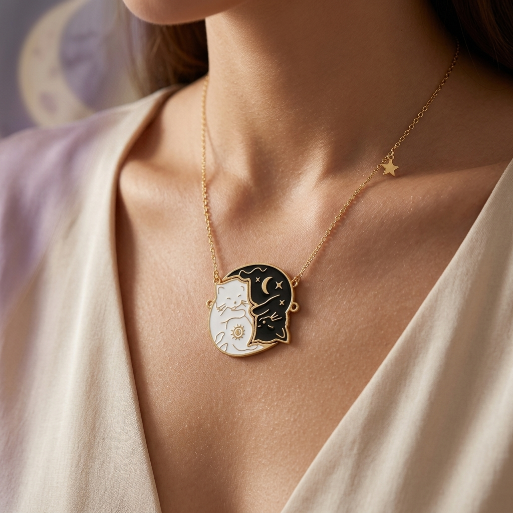 Collier chat noir celeste porte autour du cou