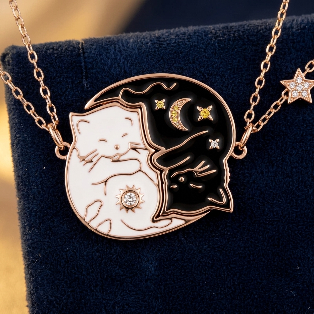 Collier chat noir celeste sur velours bleu nuit