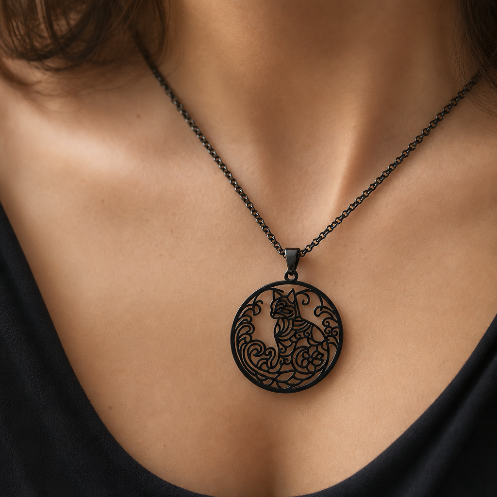 Collier medaillon chat noir porte