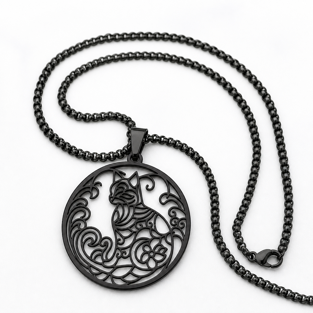 Collier medaillon chat noir ajoure, fond blanc