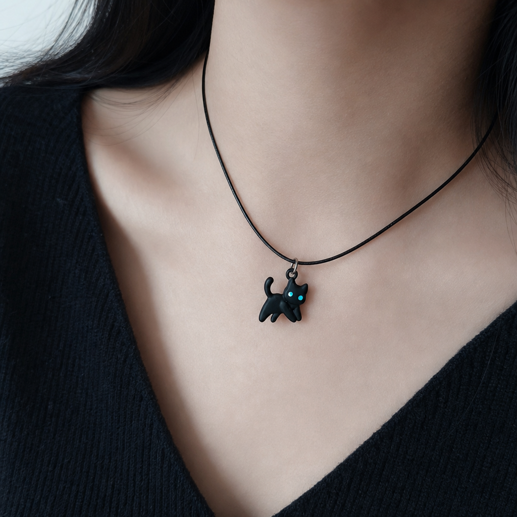 Collier chat noir porte autour du cou