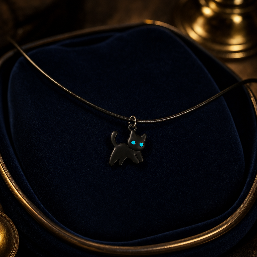 Collier chat noir sur velours bleu nuit