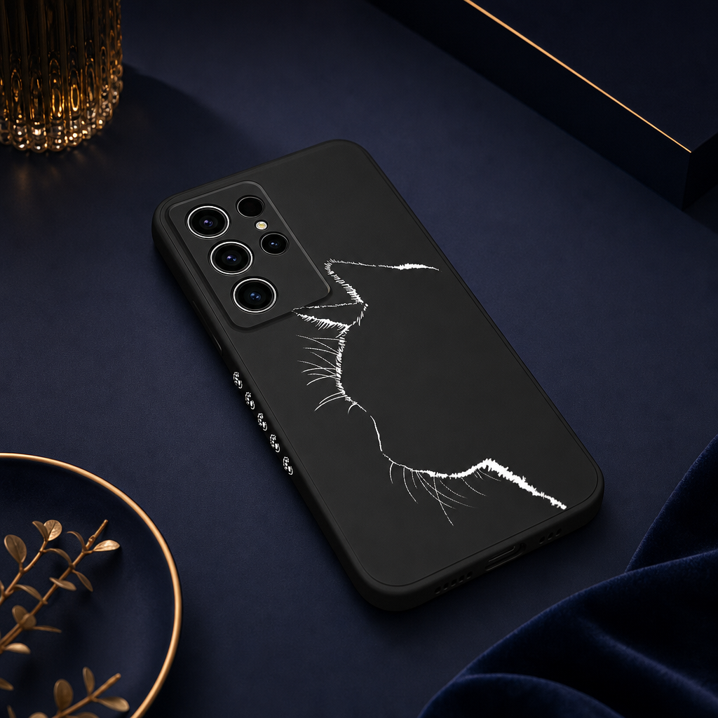 Coque chat noir sur fond bleu nuit