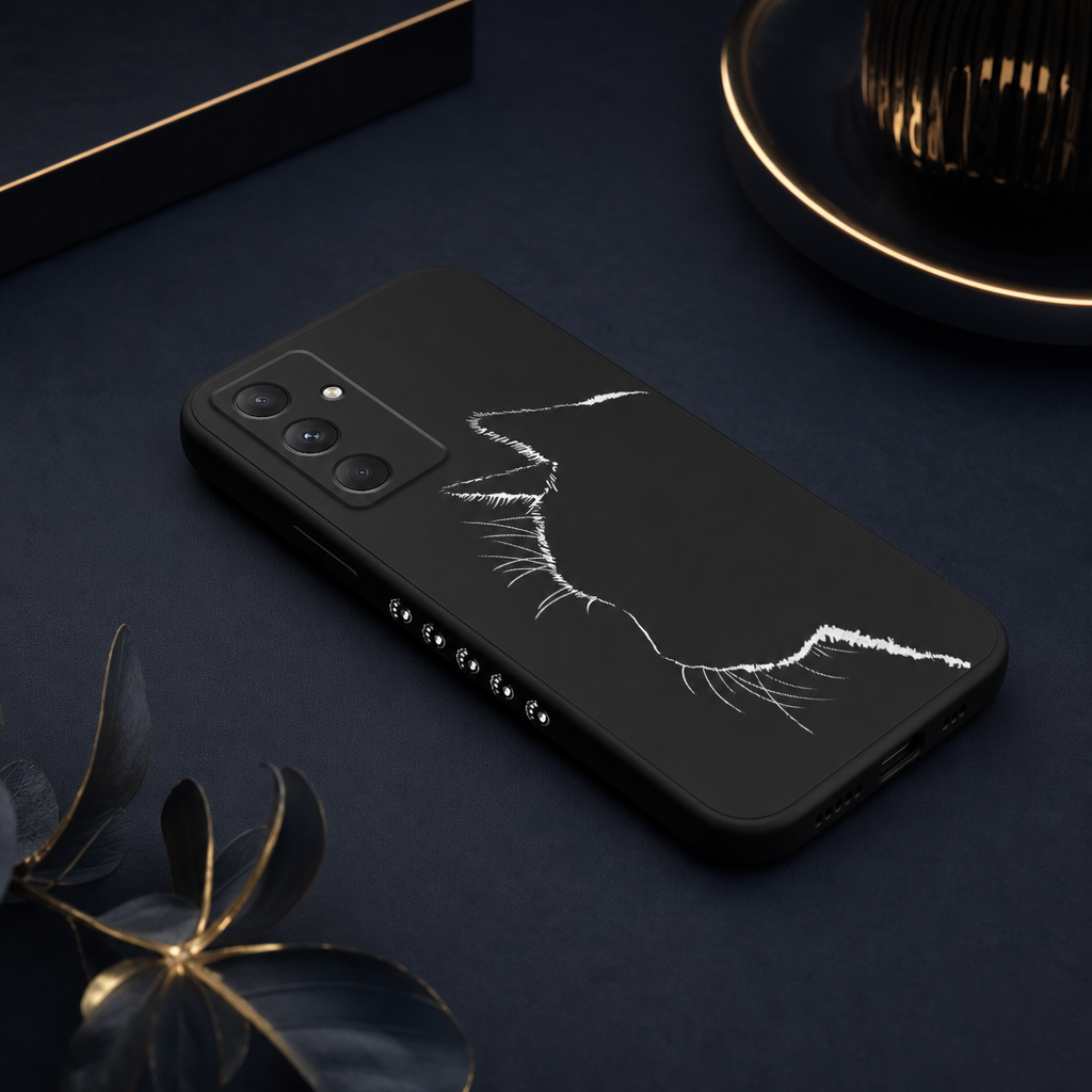 Coque chat noir eclair sur fond bleu nuit