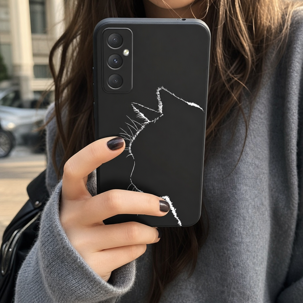 Coque chat noir eclair tenue en main