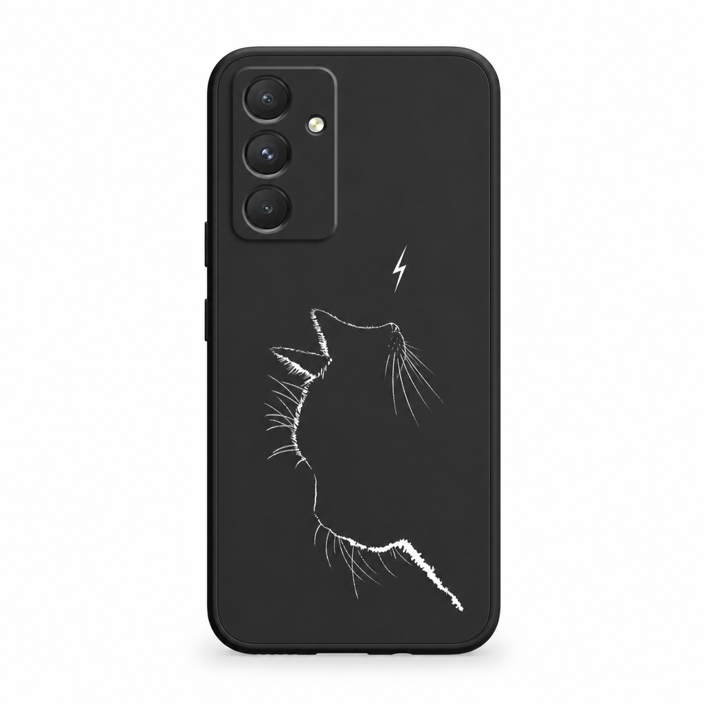 Coque telephone chat noir eclair, fond blanc