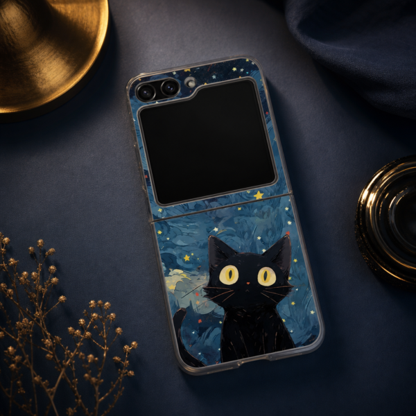 Coque chat noir nuit etoilee sur fond bleu nuit