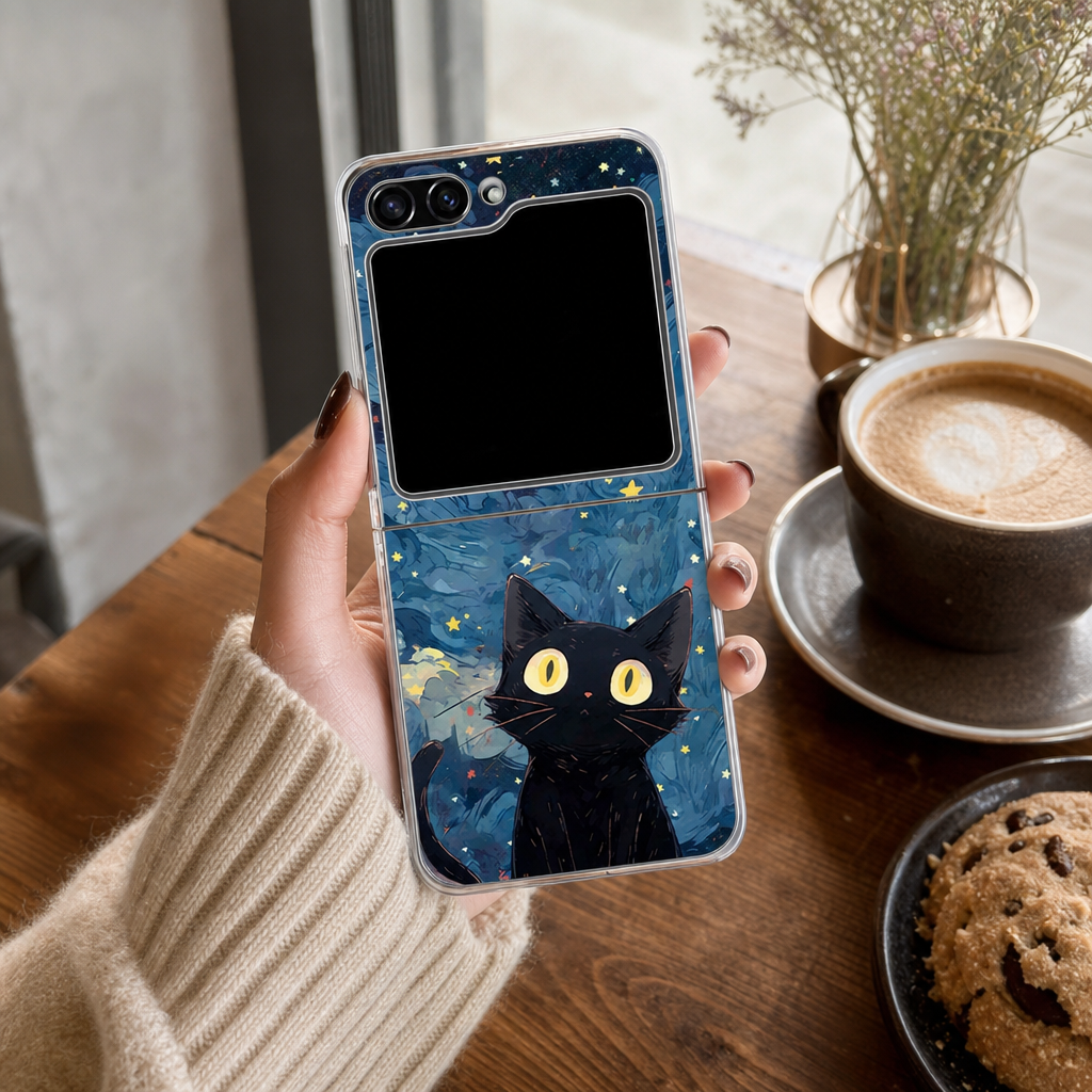 Coque chat noir nuit etoilee tenue en main