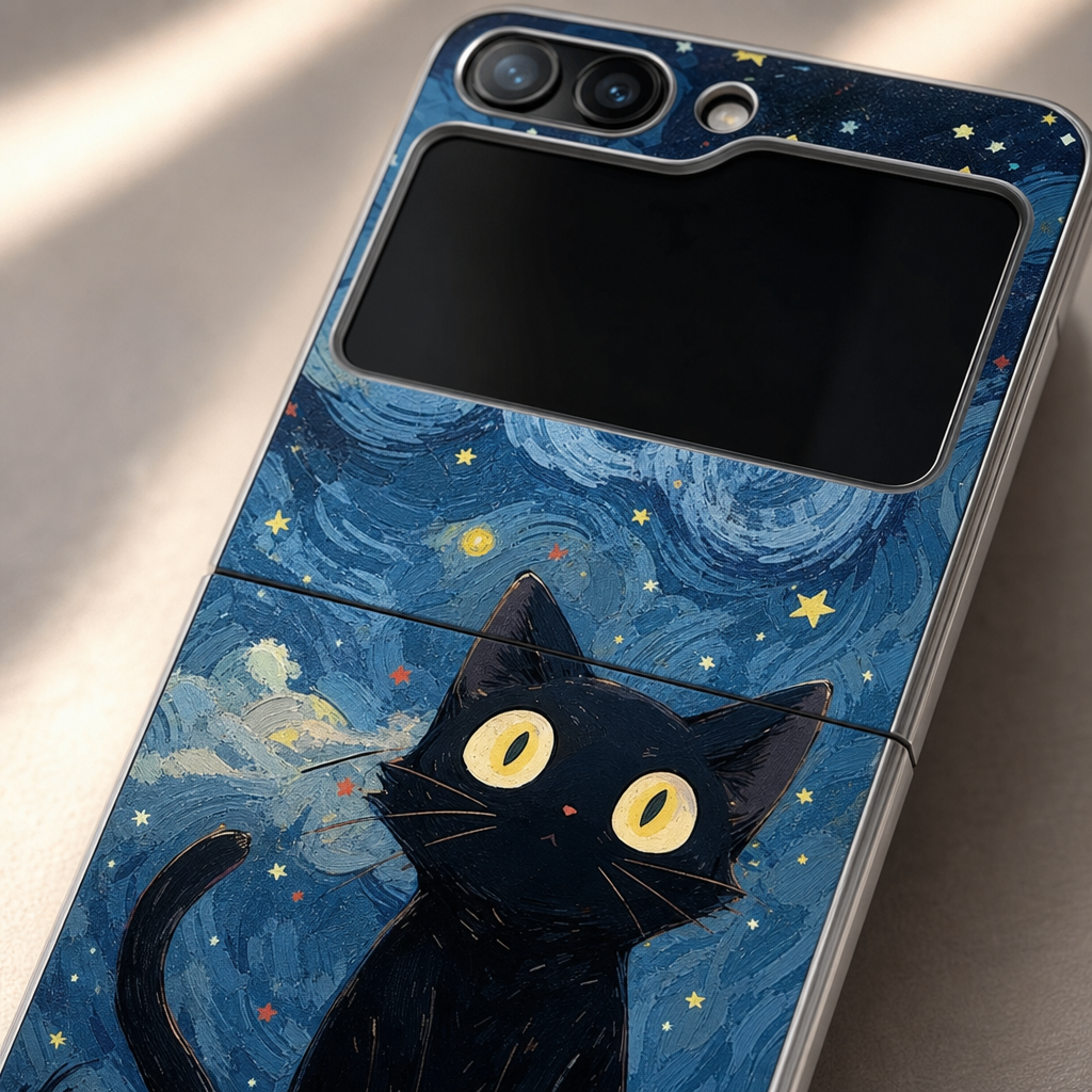 Gros plan sur le motif nuit etoilee de la coque chat noir
