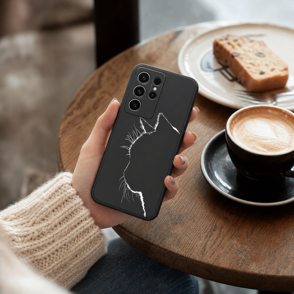 Coque chat noir sur un telephone tenu en main