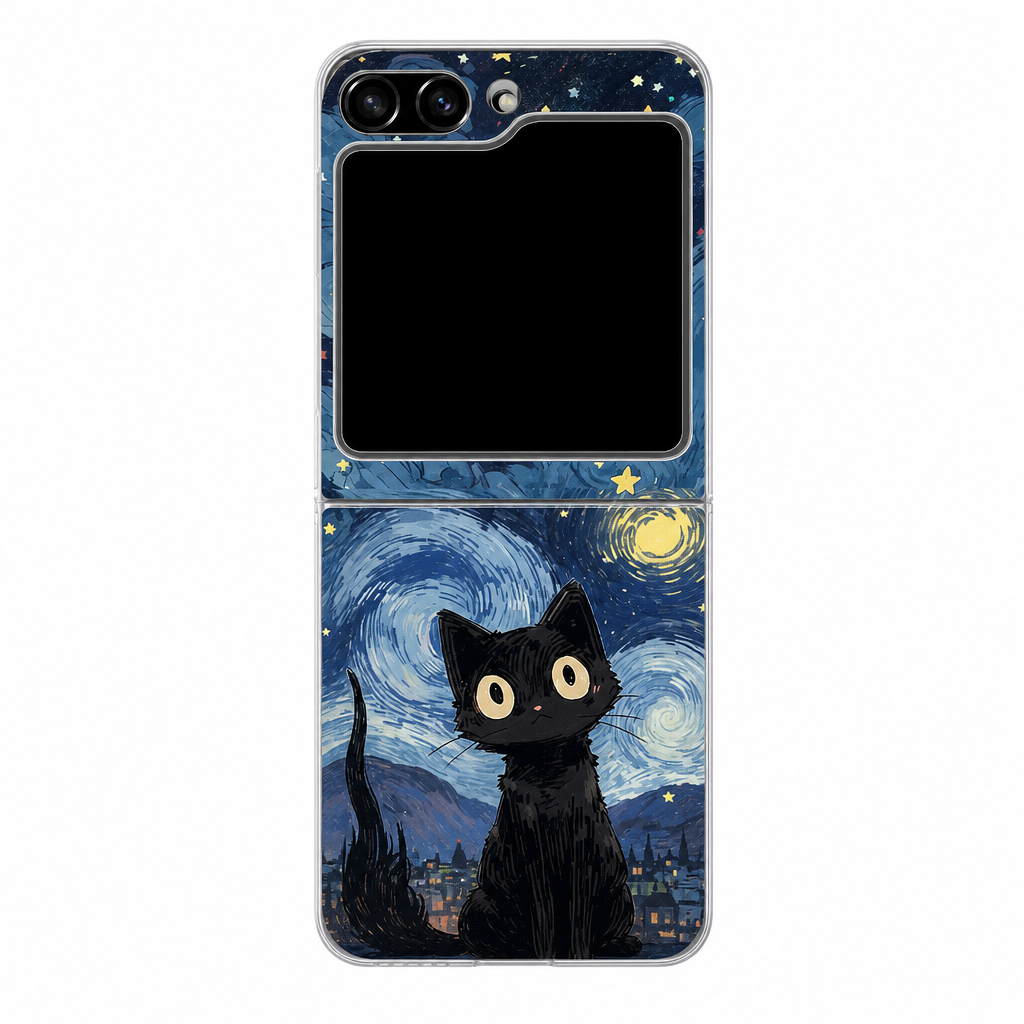 Coque telephone chat noir nuit etoilee, fond blanc