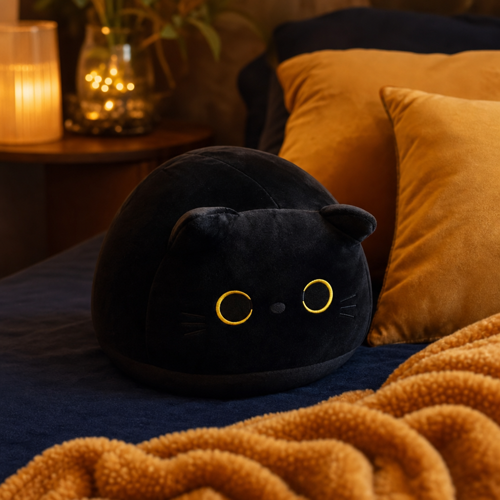 Coussin chat noir sur un lit bleu nuit