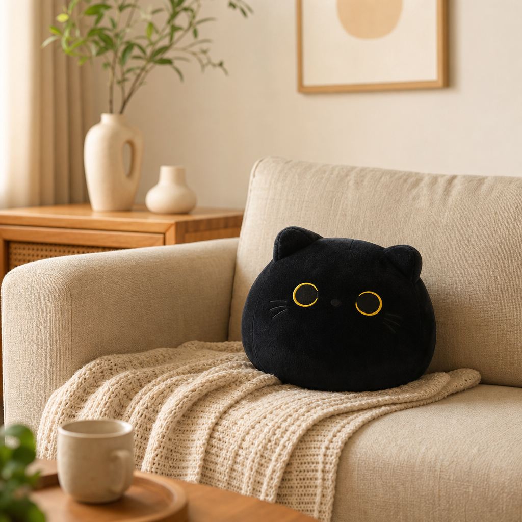Coussin chat noir sur un canape cosy