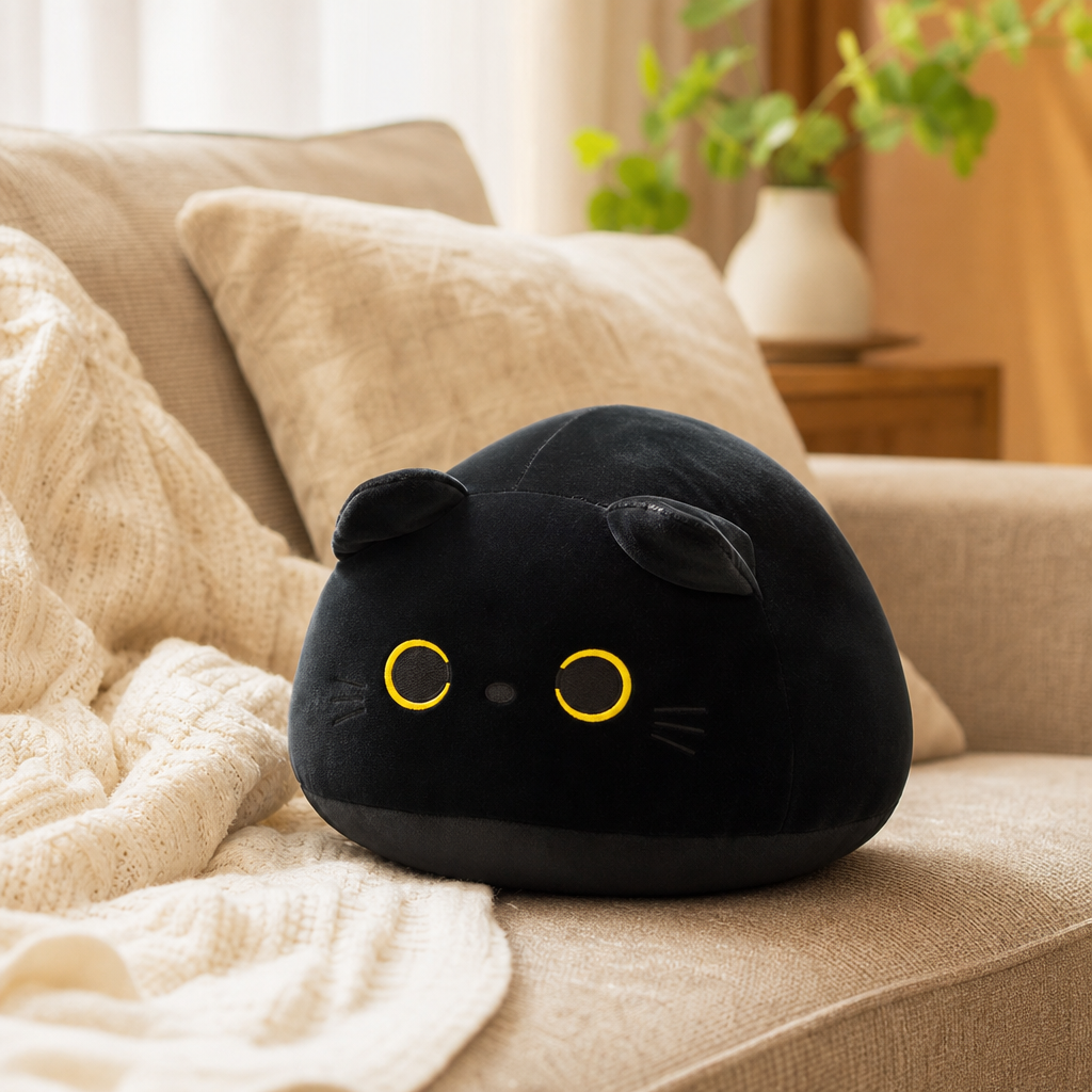 Coussin chat noir sur un canape