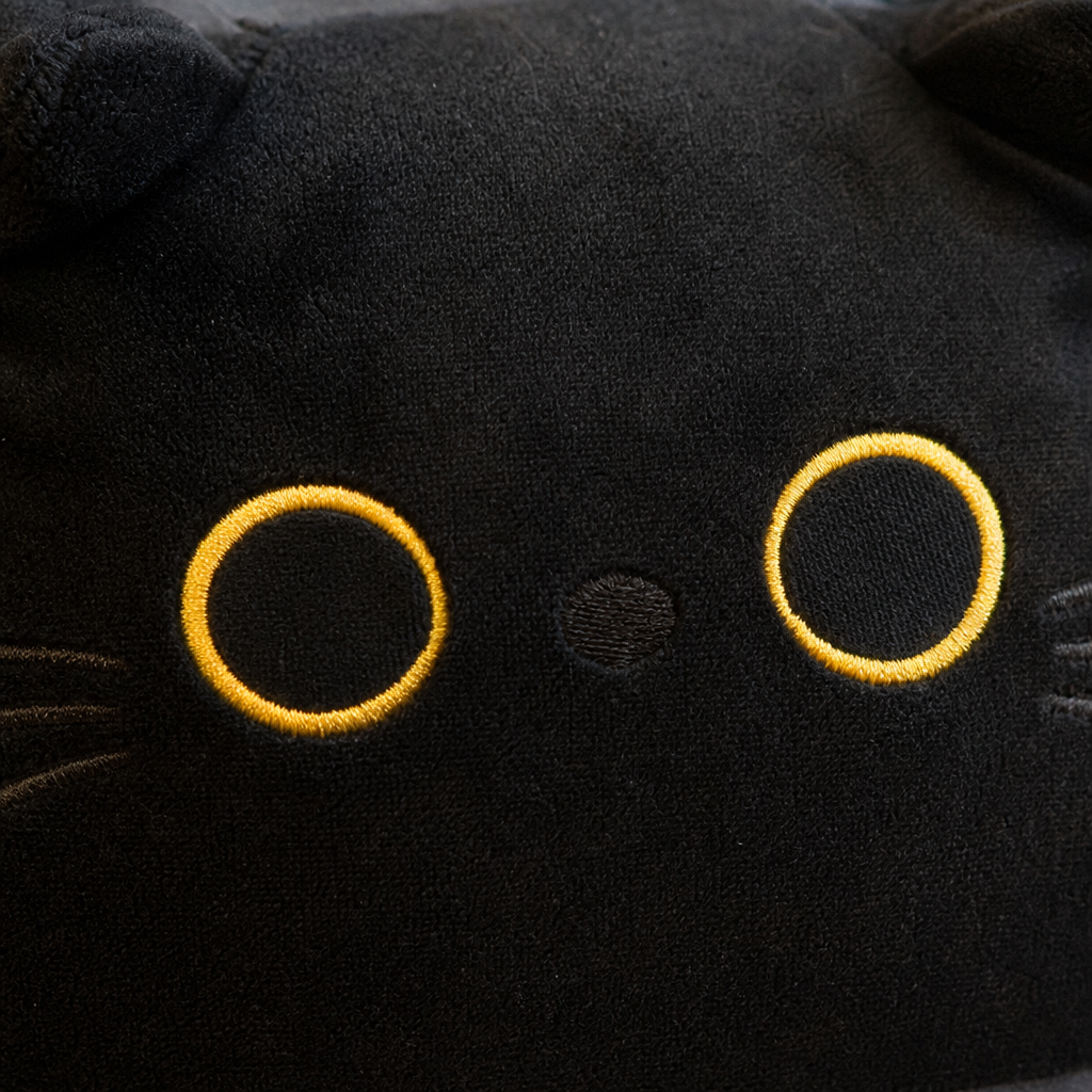 Gros plan sur la frimousse du coussin chat noir