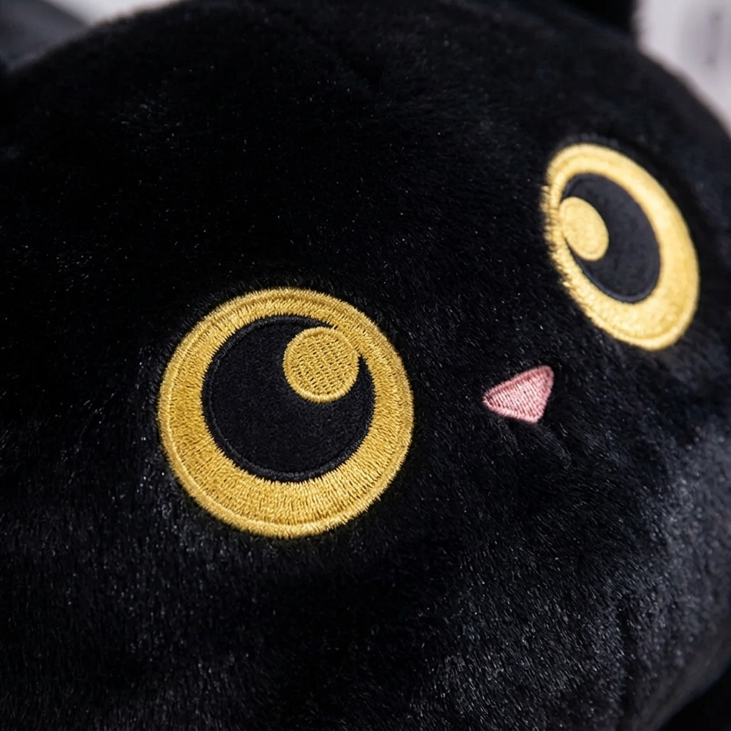 Gros plan sur la peluche du coussin chat noir et son oeil dore