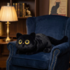 Coussin chat noir sur un fauteuil en velours bleu nuit