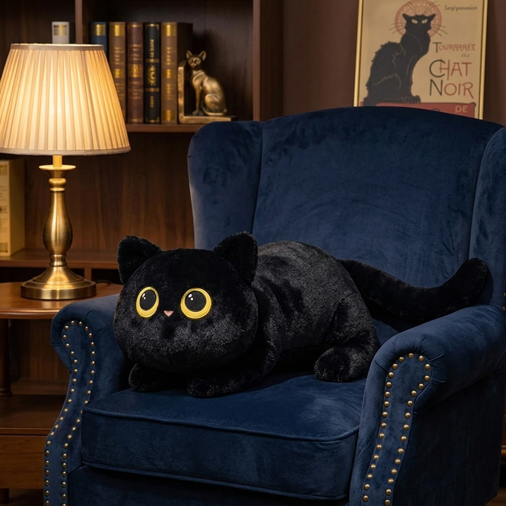 Coussin chat noir sur un fauteuil en velours bleu nuit