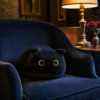 Coussin chat noir sur un fauteuil bleu nuit