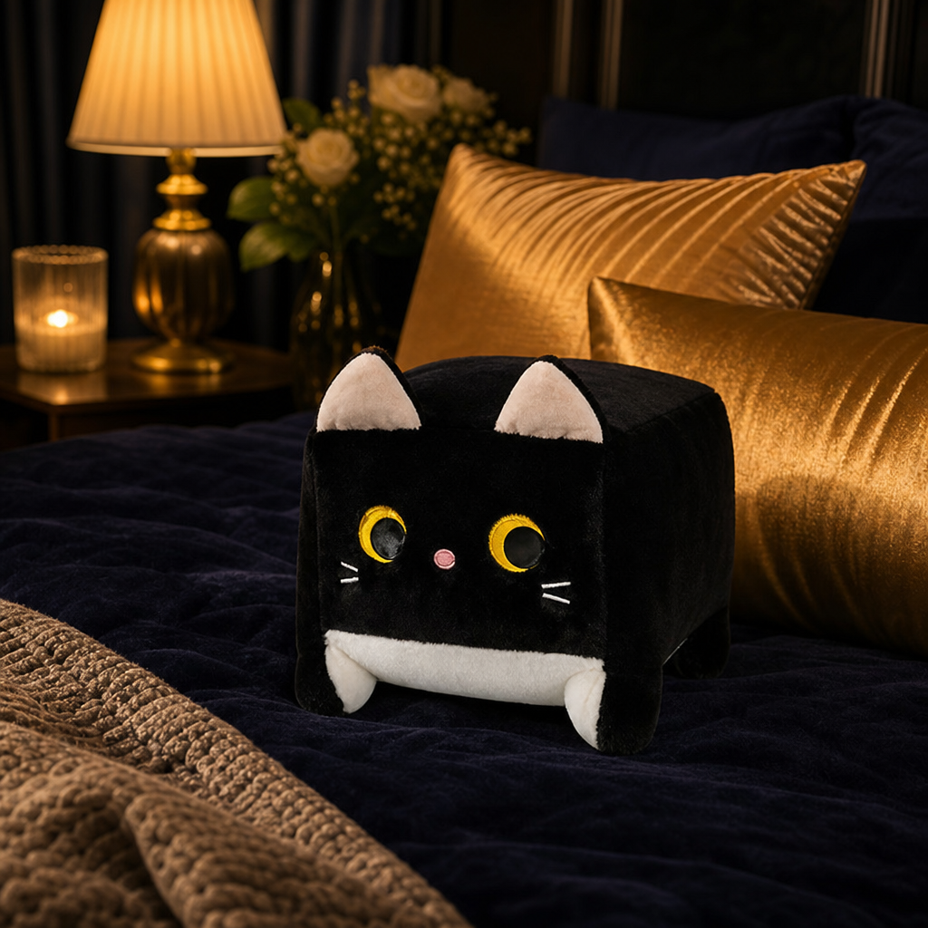 Coussin chat noir kawaii sur un lit bleu nuit