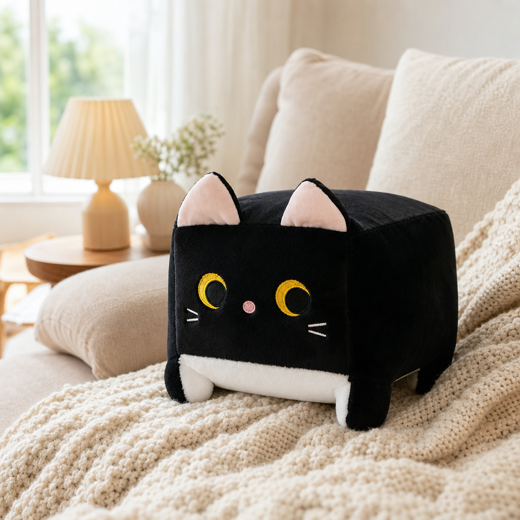 Coussin chat noir kawaii sur un canape cosy