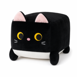 Coussin chat noir kawaii cube, fond blanc