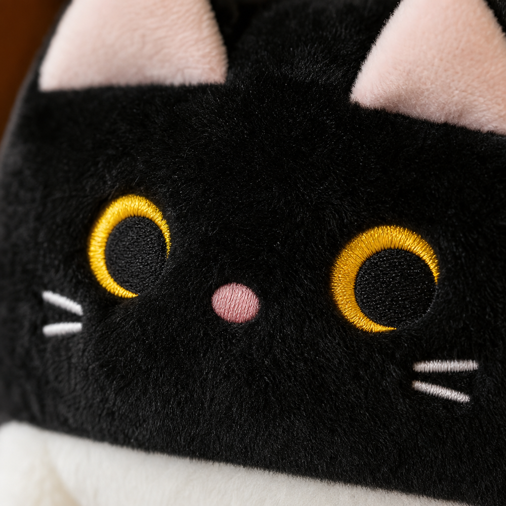 Gros plan sur la frimousse du coussin chat noir kawaii