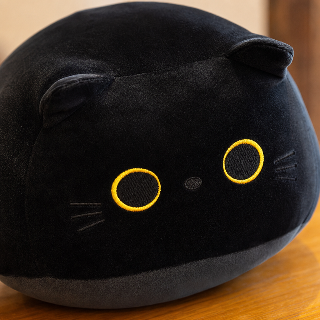 Gros plan sur la peluche du coussin chat noir