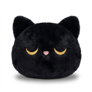 Coussin chat noir kawaii en peluche, fond blanc