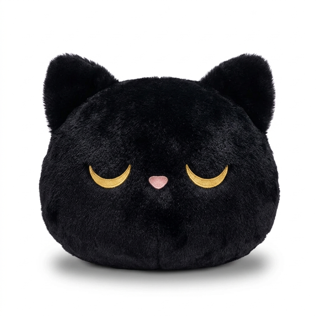 Coussin chat noir kawaii en peluche, fond blanc