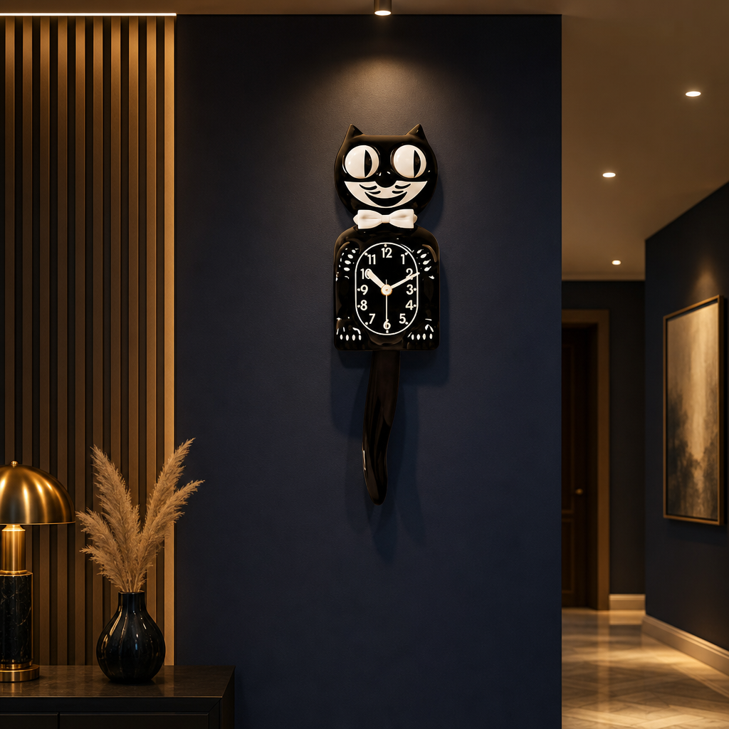 Deco murale chat noir retro sur mur bleu nuit