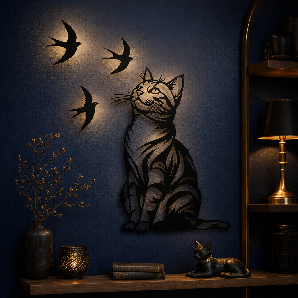 Deco murale chat noir et oiseaux sur mur bleu nuit
