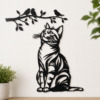 Decoration murale chat noir et oiseaux en metal, mur blanc